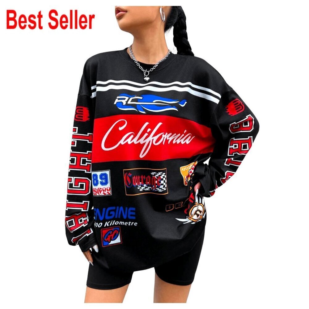 Graphic Long Sleeve Jersey T-Shirt Oversized Y2K Racing Print Streetwear Tee